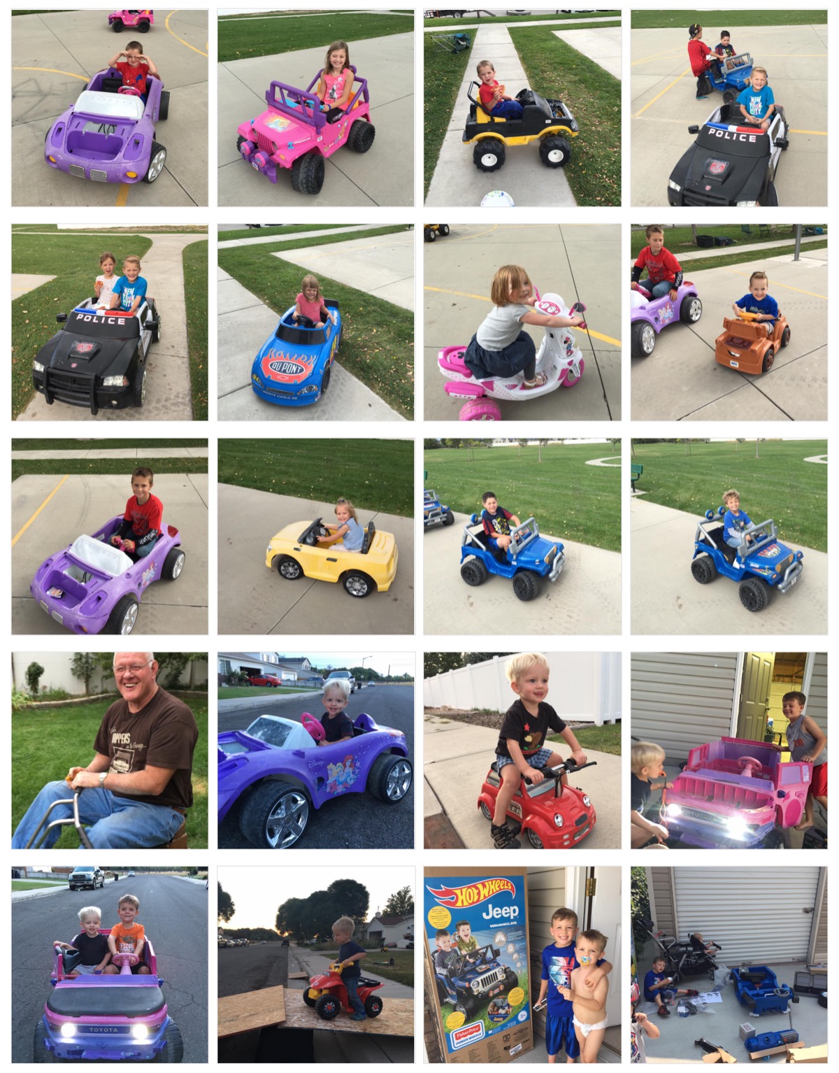 Collage of kids in a variety of Power Wheels vehicles