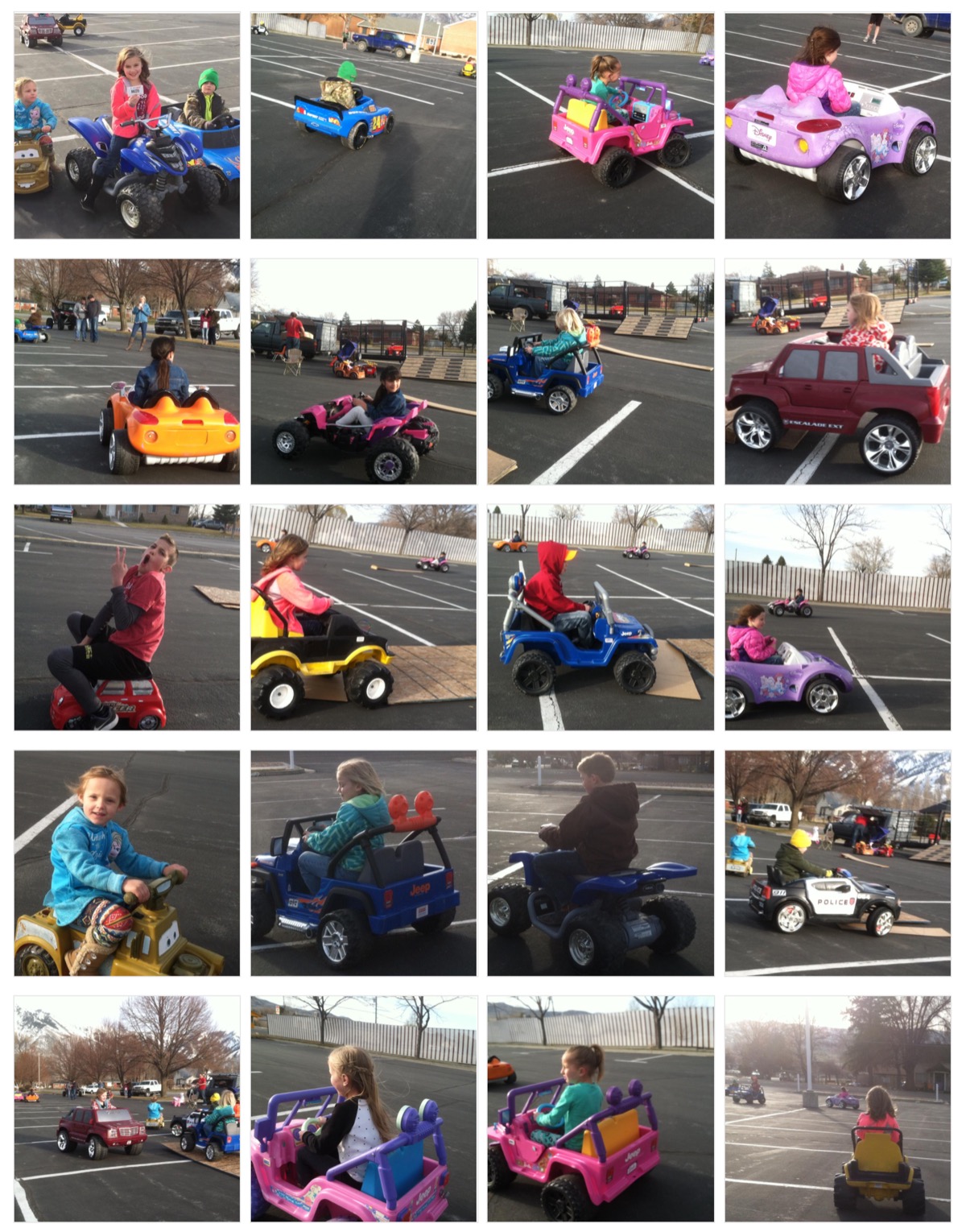 Collage of kids driving Power Wheels on a parking-lot track
